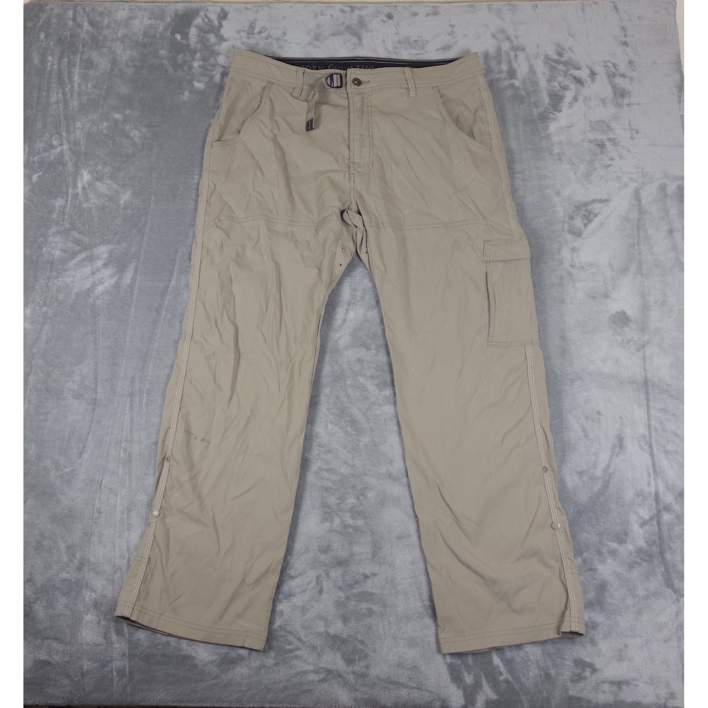 Prana Pants Mens 32X30 Beige Stretch Zion II Belted Vented Roll Tab Hiking Cargo